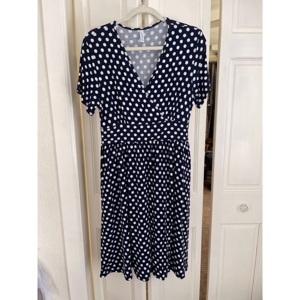 Women's LILBETTER Polka Dot Stretch Midi Dress XL Navy Blue